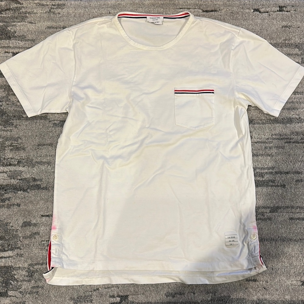 Thom Browne men’s white t-shirt with RWB pocket trim size 2